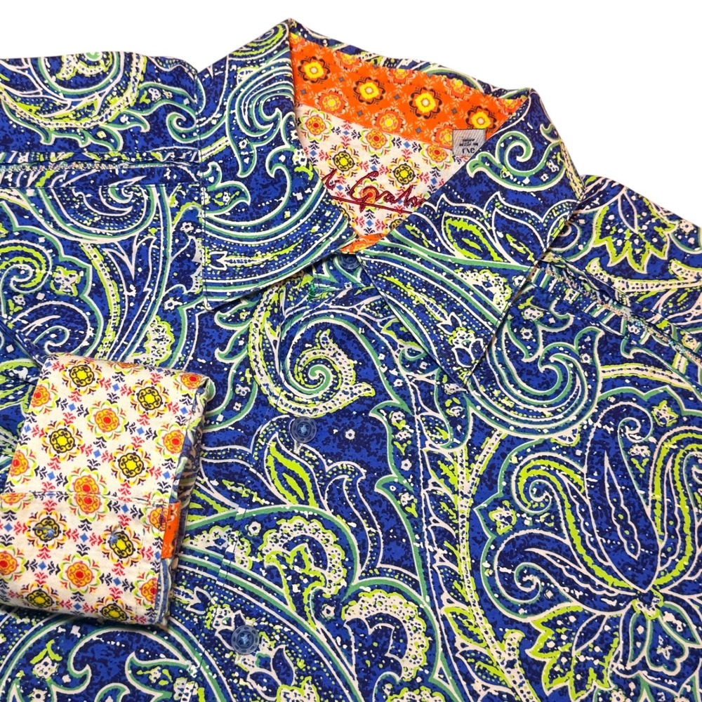 Robert Graham Mens Large Blue Green Paisley Long Sleeve Button Down Shirt